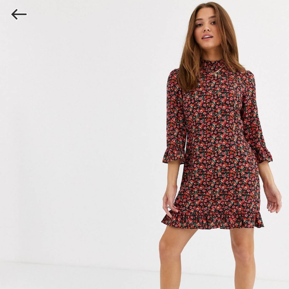 Nobody’s Child high neck mini dress with ruffled hem in floral print